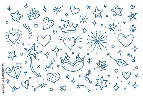 Hand drawn doodle set of stars and hearts, blue ink sketch of magic crowns and celestial elements, whimsical line art collection for scrapbooking