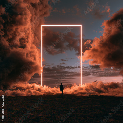 Futuristic glowing orange rectangular portal surrounded by dramatic storm clouds, with a solitary human silhouette standing in a dark landscape beneath the sky