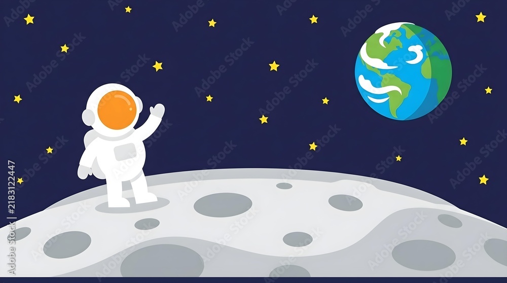 Fototapeta premium Cartoon Astronaut Waving on Moon Surface with Earth in Background