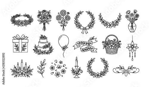 Floral birthday celebration outline icon collection with bouquets flowers and decorative ornaments