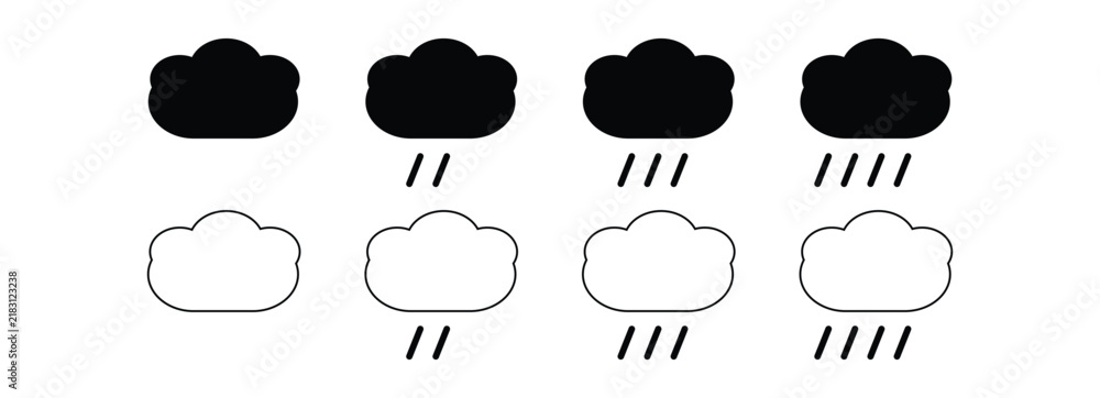 Obraz premium Cloud with rain icons in solid and outline styles for weather forecast and climate apps