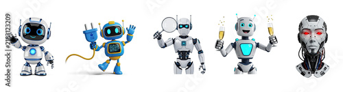 Collection of robots celebrate with various actions. The robots are diverse in design and pose.