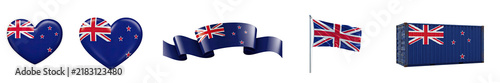 A collection of New Zealand flags is displayed. The flags are in the shape of a heart, a waving ribbon, and a standard flag.