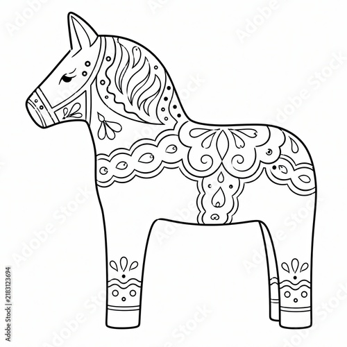 Traditional Swedish Dala horse line art illustration with detailed floral patterns
