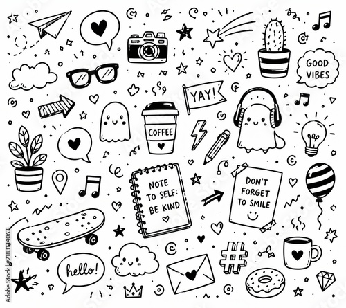 Set of cute hand drawn black and white doodle icons for hobbies and daily life