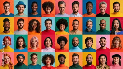 Colorful portrait collage featuring a large diverse group of adults with varied ages, hairstyles, clothing and expressions arranged in a vibrant modern grid