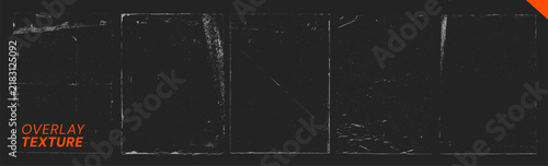 Photocopy overlay texture set with grain speckles and folded paper effect. Grunge old worn edges frames, dusty poster background set. Grainy photocopy effect background overlay.