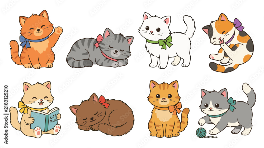 Obraz premium Set of eight cute cartoon kittens in various poses, including sleeping, reading a book, playing with yarn, and wearing colorful bow ties