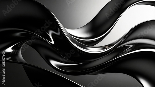 Glossy Black Abstract Fluid Waves With Metallic Reflections and Smooth Curved Surfaces

