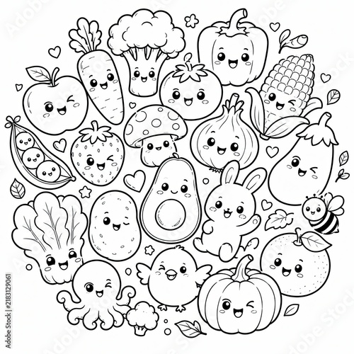 Black and white outline pattern of cute cartoon avocados in a circular composition