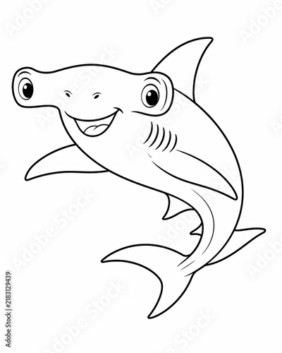 Cute cartoon hammerhead shark drawing for kids isolated on a plain white background