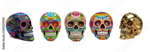 A collection of intricately decorated skull figurines. Each skull is uniquely painted with vibrant floral patterns and colorful designs.