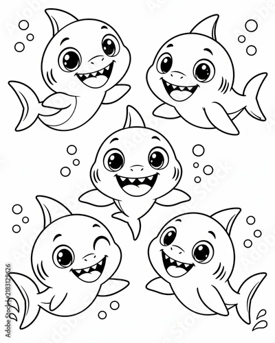 Cute cartoon baby sharks swimming in the ocean illustration for kids coloring page