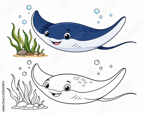 Cute cartoon stingray swimming with a coloring page outline isolated on white background
