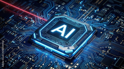 Advanced artificial intelligence chip embedded in futuristic circuit board with glowing blue light effects with intelligence processor highlighted