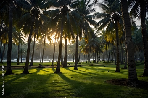 Blurred Nature Bokeh Green Park Beach Background With Tropical Coconut Trees