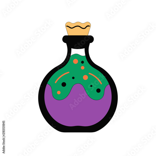 Magic potion bottle vector, mystical green and purple elixir flask, spooky halloween alchemy jar with cork, fantasy game asset icon