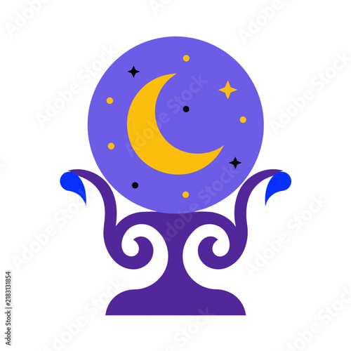 Mystical crystal ball with crescent moon and stars. Magic fortune teller sphere on ornate stand. Esoteric celestial vector illustration.