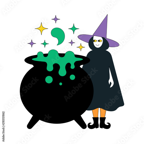 Halloween witch vector illustration, spooky sorceress with bubbling magic cauldron, mystical wizard character with stars