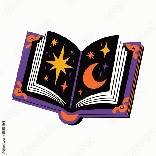 Mystical magic book with stars and moon, celestial spellbook vector illustration, purple occult grimoire for fantasy designs