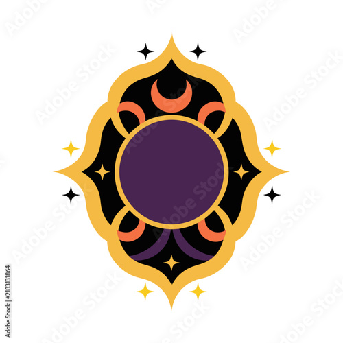 Mystical celestial frame with crescent moons and stars. Esoteric gold and purple mandala border. Magic occult vector emblem for tarot.