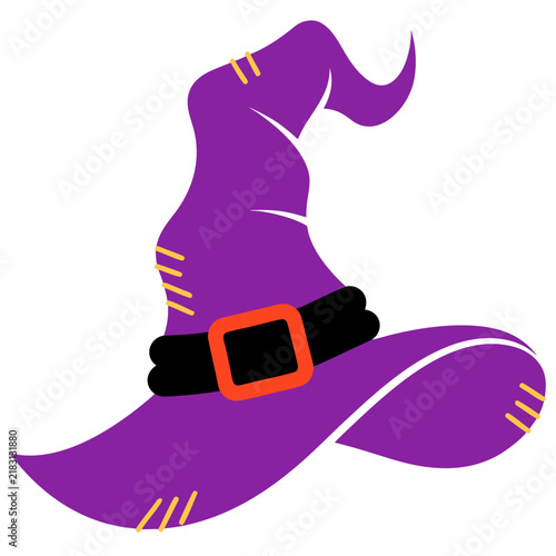 Purple witch hat vector illustration, cartoon halloween wizard cap with black belt, spooky pointed sorcerer hat icon for party decor