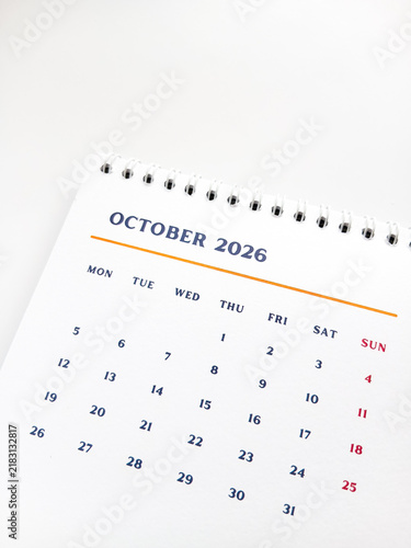 October 2026 calendar page close up on a white background