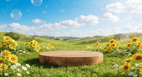 Wooden round podium on green grass with sunflowers and floating soap bubbles - Product display mockup - Horizontal banner