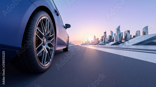 Electric Blue Car Driving on Highway Towards Futuristic City at Sunset