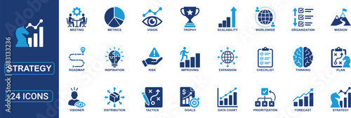 Business strategy and corporate planning solid icon set featuring roadmap, data chart, metrics, vision, mission, goals, analysis, forecasting, prioritization, growth, risk and success symbols