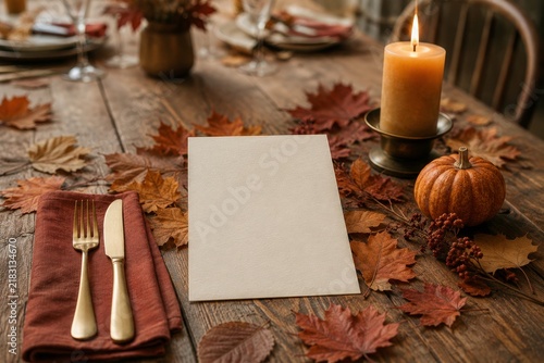 Blank thanksgiving menu card mockup with candle and dried leaves