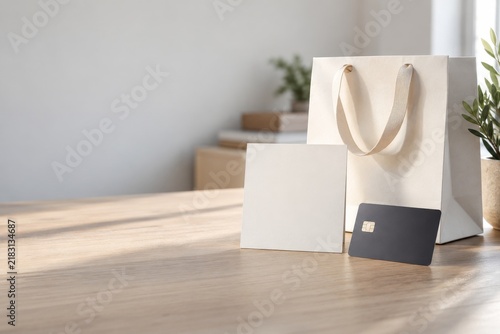 Blank square promotional mockup with credit card and shopping bag