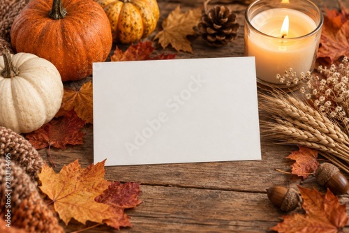 Blank greeting card mockup with autumn harvest props and candle
