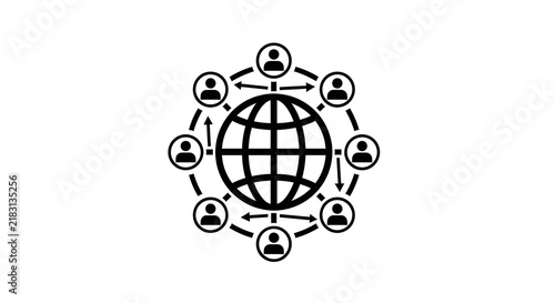 Global network connection icon with people silhouettes around a world globe