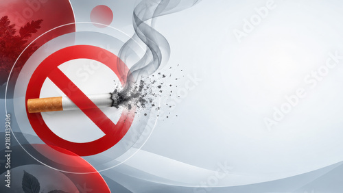 Anti-smoking campaign graphic with a burning cigarette crumbling into ash behind a red prohibition symbol, with curling smoke and abstract gray curves.