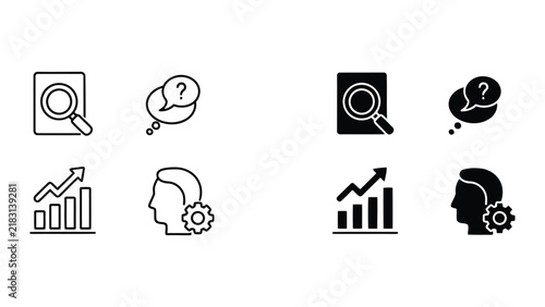 Business research and analysis icons set for professional web interface design