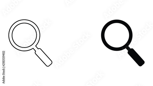 Magnifying glass search icon in thin outline and thick solid black vector style