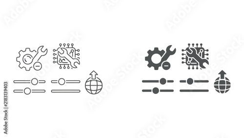 Advanced system optimization and global connectivity icons in vector line style