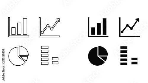 Data analysis and growth chart icons in black outline and solid vector styles