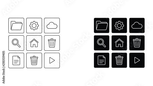 Essential file management and system utility icons in outline and solid vector styles
