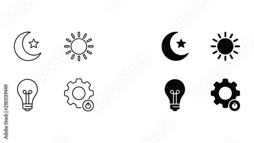 Energy and maintenance icon set featuring sun moon and light bulb symbols