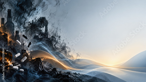 Alcohol and substance abuse illustration with a seated figure holding their head, bottles, and scattered pills amid dark smoke and flowing blue and gold light.