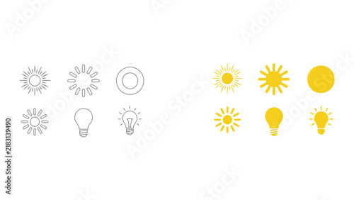 Light bulb and sun weather icons in outline and solid yellow vector set