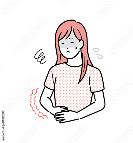 Plakat イラスト素材：お腹を押さえてつらそうな女性