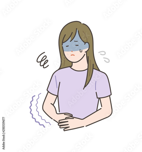 Plakat イラスト素材：お腹を押さえてつらそうな女性