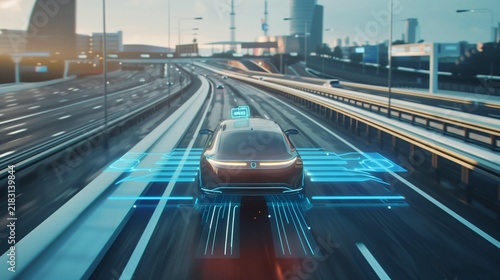 Autonomous car concept driving on smart highway.