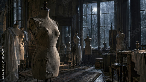 Antique dress forms standing in a decaying sewing room, with tattered fabric, rain-streaked windows, and moonlight creating an eerie nighttime atmosphere.