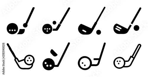 Golf icons showing ball strikes and putts - Set of stylized black and white icons depicting golf swings, chips, and putts with golf clubs and balls.