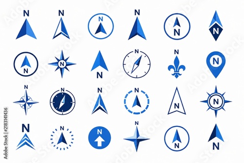 Set of blue north direction arrow icons and compass symbols
