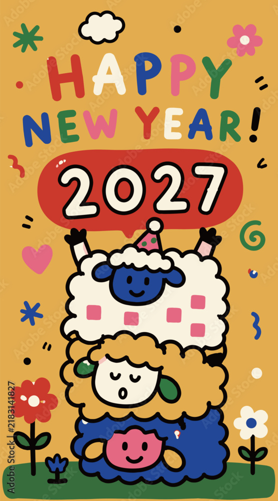 Fototapeta premium Happy New Year 2027 Cute Sheep Greeting